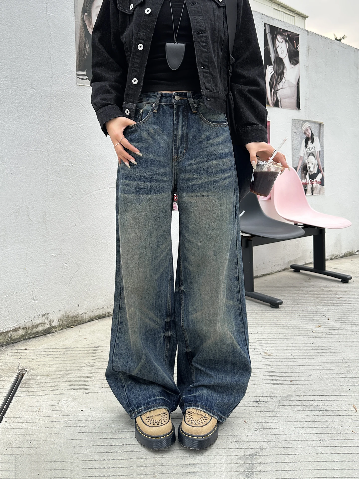 

Синие джинсы в стиле ретро, свободные широкие женские джинсы, осень-зима, новые утягивающие прямые хлопковые брюки с завышенной талией