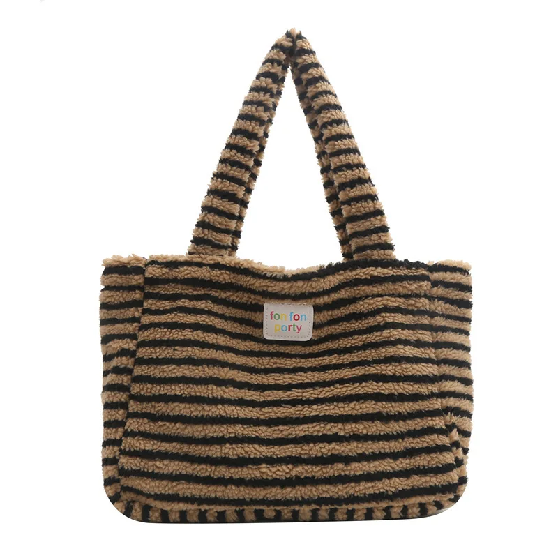 Women Artificial Lamb Down Versatile Commute Large Capacity Plush Striped Tote Student Personality Handbag