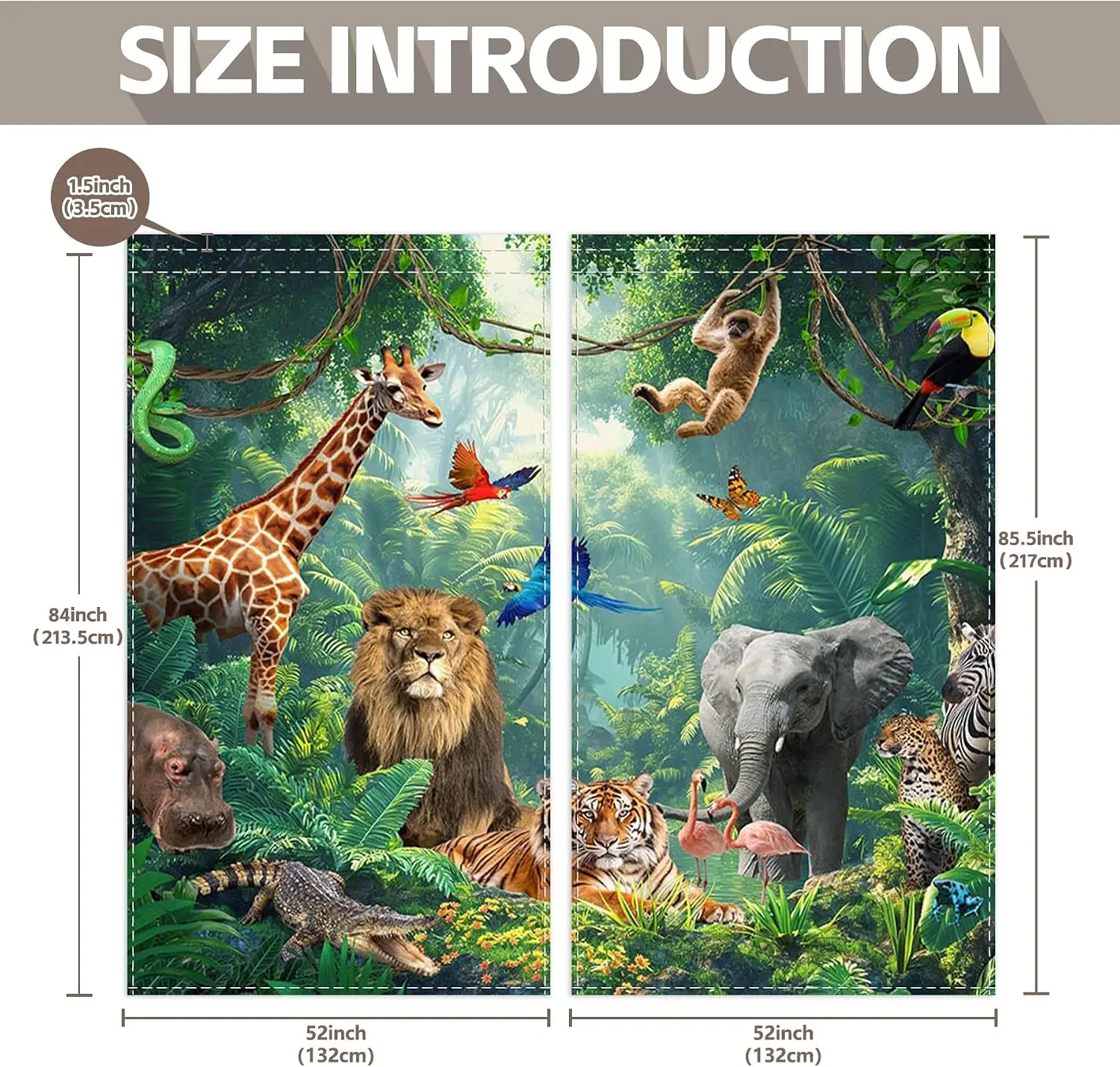 Jungle Animal Curtain Panels, Tropical Rainforest Wild Lion Giraffe Elephant Tiger Print Drapes Kids Bedroom Window Home Decor