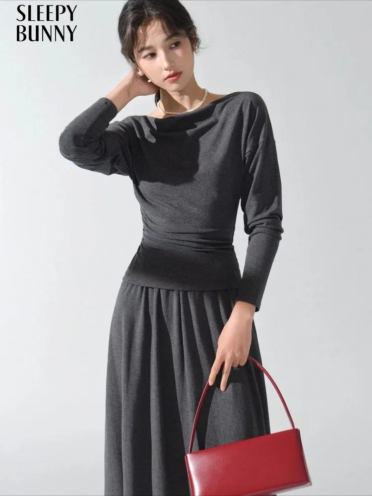 

French Off Shoulder Long Sleeve Top Midi Skirt Set Women Slim Casual Outfit Petite Figures Elegant Autumn Two Piece Dress Look