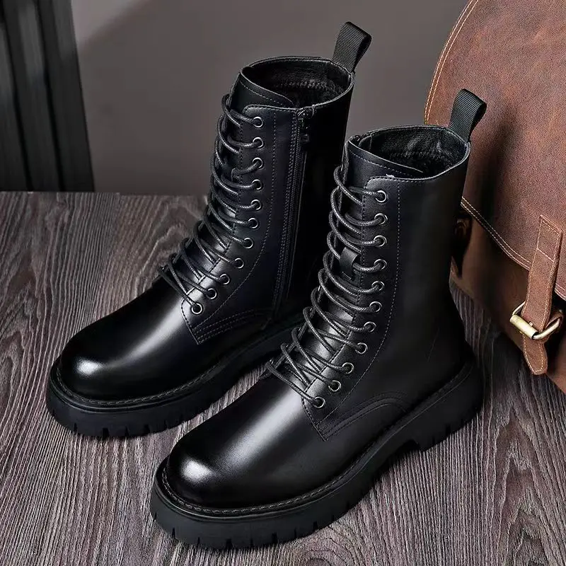 italian brand designer men boots lace-up black trend shoes stage nightclub dress original leather platform boot motorcycle botas