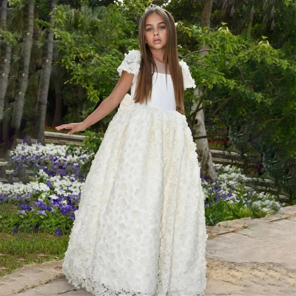 

Elegant Square Neck Short Sleeve Applique Flower Girl Dress For Wedding Floor Length Formal First Communion Gown Customized