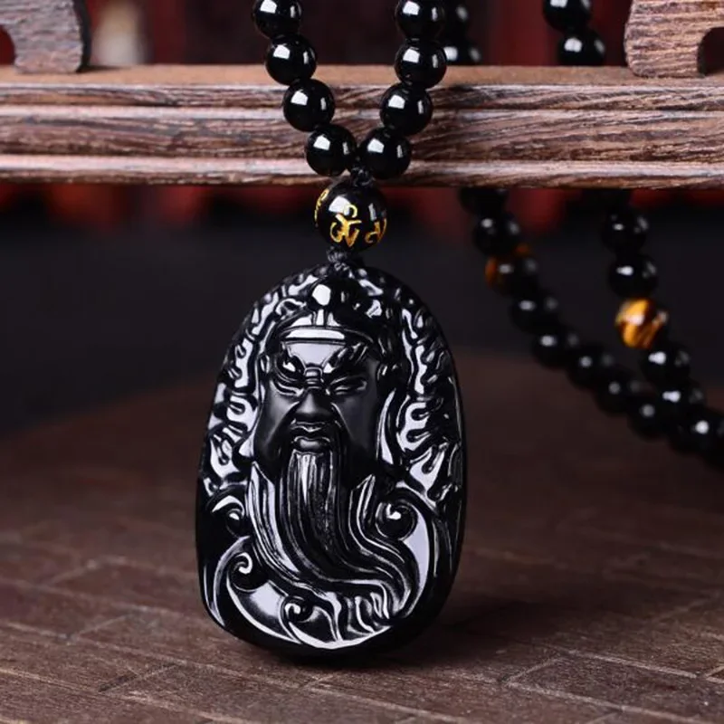 Natural Obsidian Guan Yu Pendant Jewelry Lucky Exorcise evil spirits Amulet Domineering Necklace Pendant  Jade Fine Jewelry