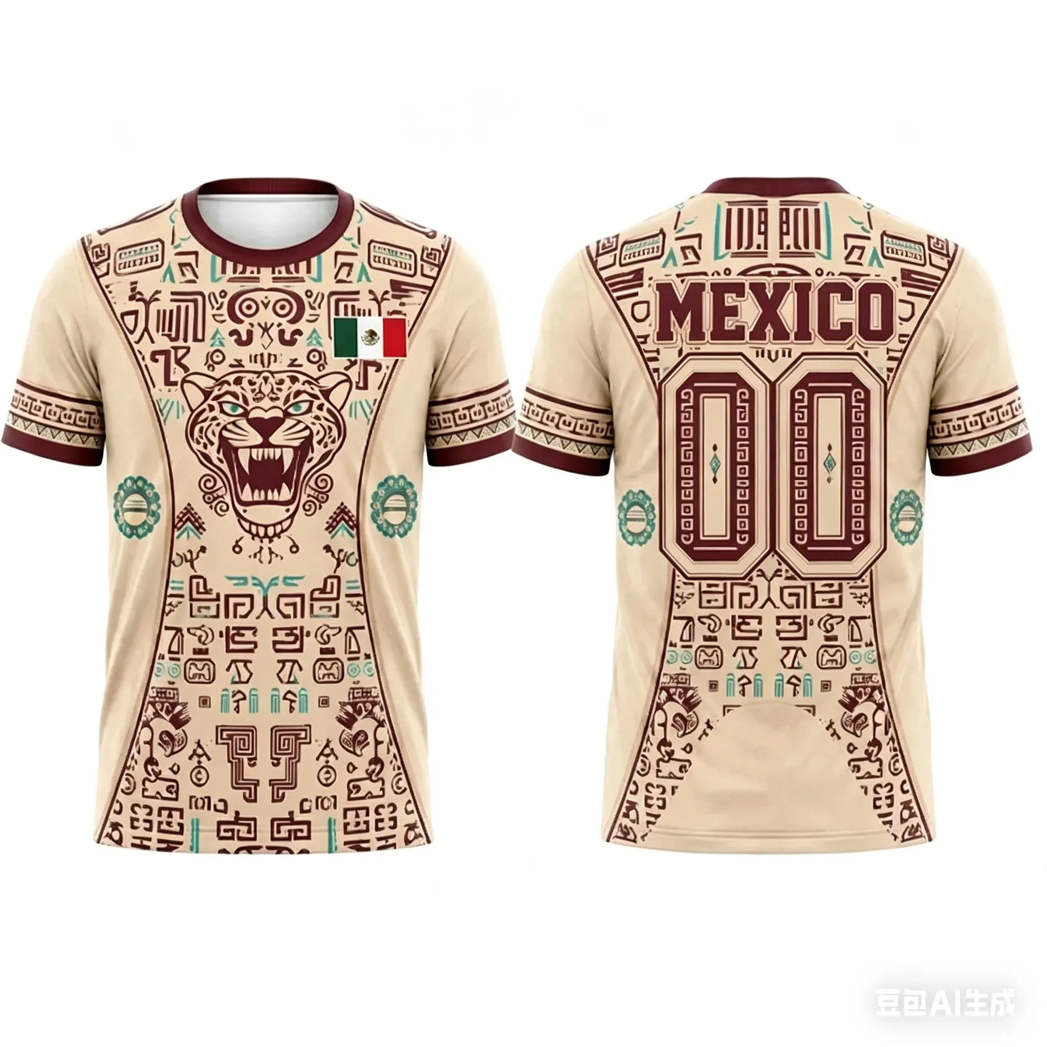 Mexican national football team jersey, featuring an Aztec jaguar print, family-sized, suitable for training and fitness.