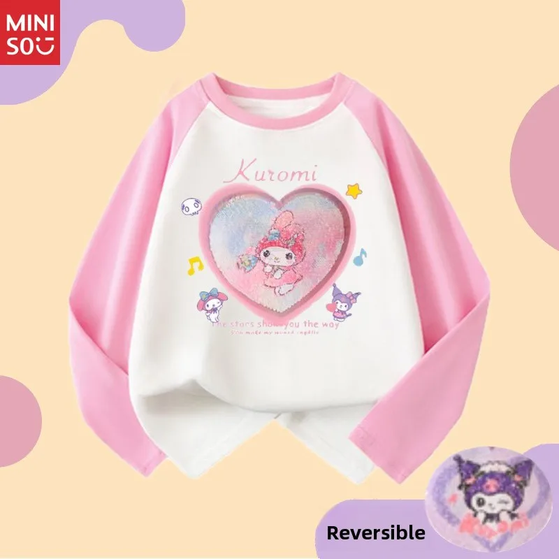 

Miniso Girls Big Kids Cute Rabbit Glitter Long Sleeve Raglan T-Shirt, Spring Autumn New Children Cotton Cartoon Top