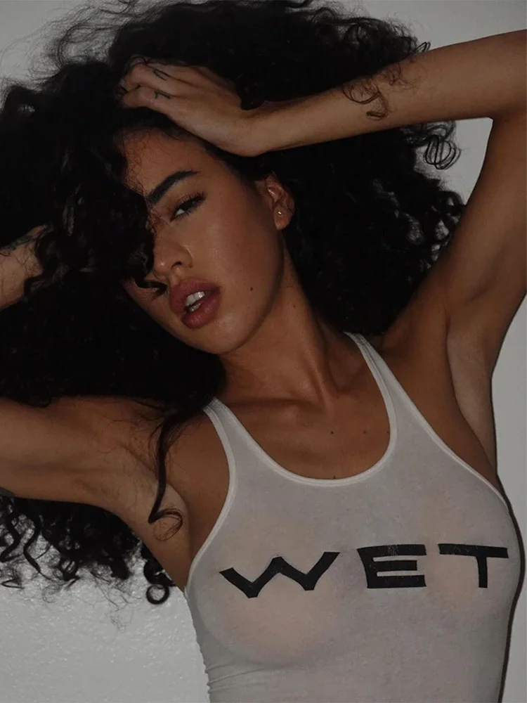 Wet Printed Body Suits Women Racer Tank Top White Black Sexy Bodysuit Rave Wear Summer Clothes Women Fashion Streetwear