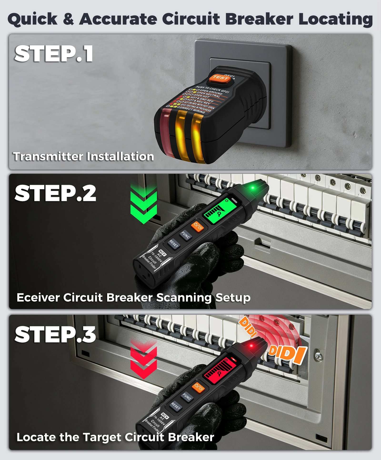 CF01 Schalterfinder 120V Schaltertester Sicherungsfassungstester US-Stecker GFCI-Steckdosenmessgerät Elektriker-Diagnosetool – Detail 2