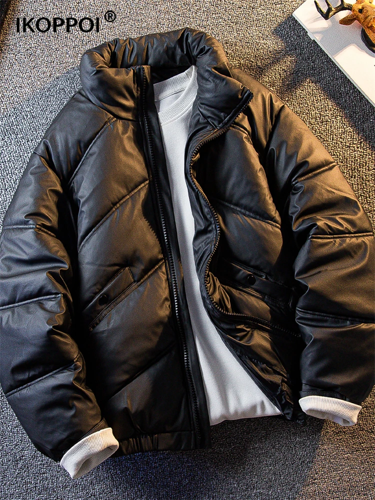 

American Sle PU Leather Jaet Men's Winter Casual Warm Thi ort Bread Cotton Coat Stand Collar Zipper Closure