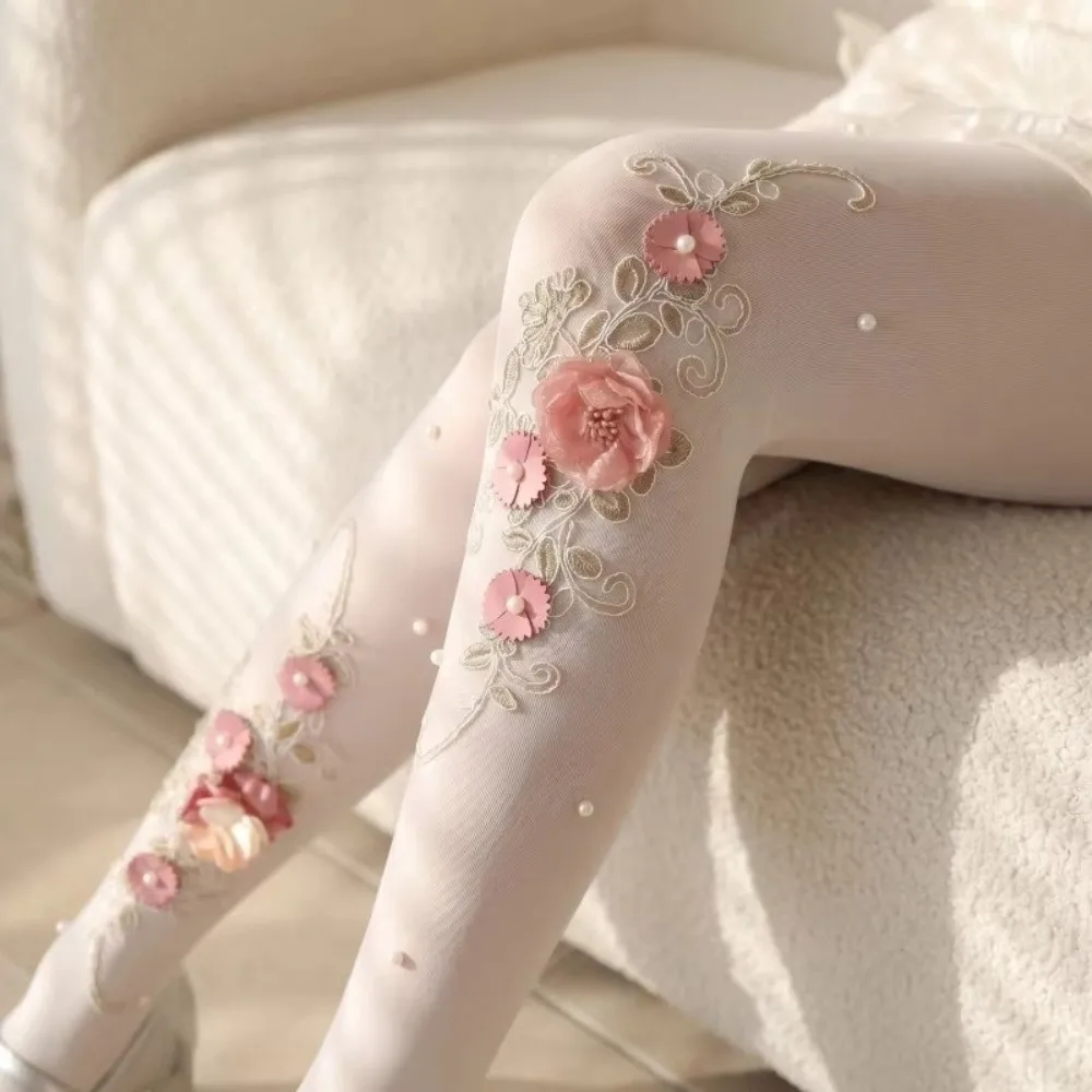 Fashion 3D Floral Floral Embroidered Tights Pearl Decorated Elegant Style Women's Flower Stockings Sheer Pantyhose Wedding