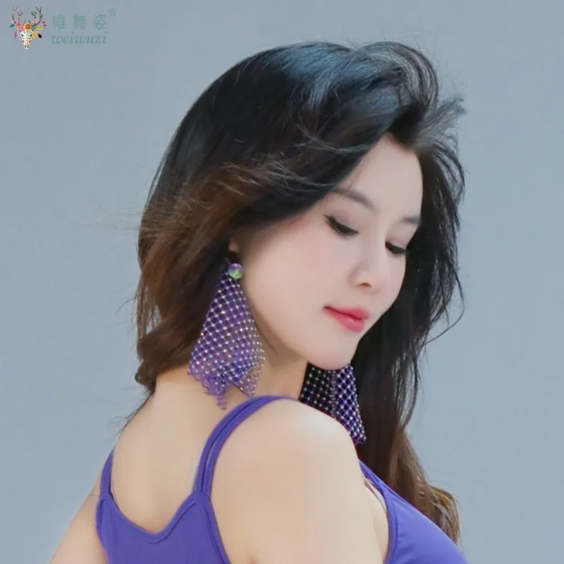 Belly Dance Competition Personality Net Earrings Accessories All Manual Diamond Earrings Latin Performance Clothing Ornament