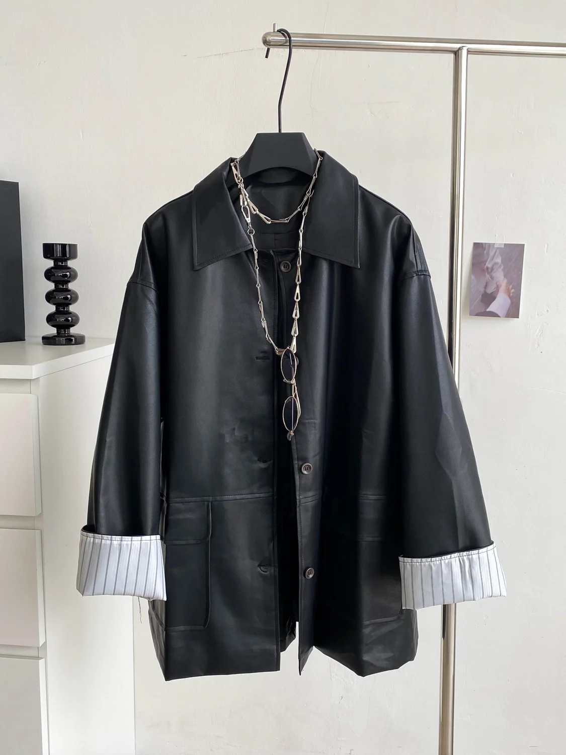 Retro Briti Sle Women's PU Leather Jaet Loose Fit Collar Street Sle Trendy Long Coat Commute Sle Autumn Faion