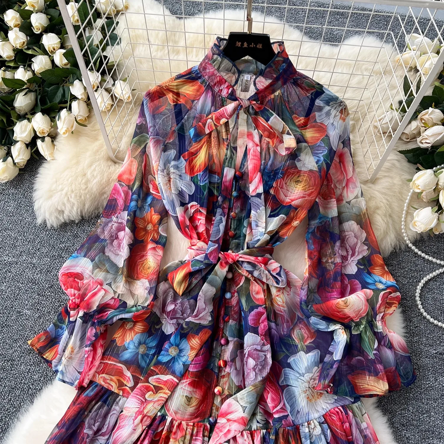 Summer Gorgeous Holiday Beach Mini Dress Women\'s Bow Neck Long Flare Sleeve Print Lace Up Bright Silk Chiffon Loose Vestidos