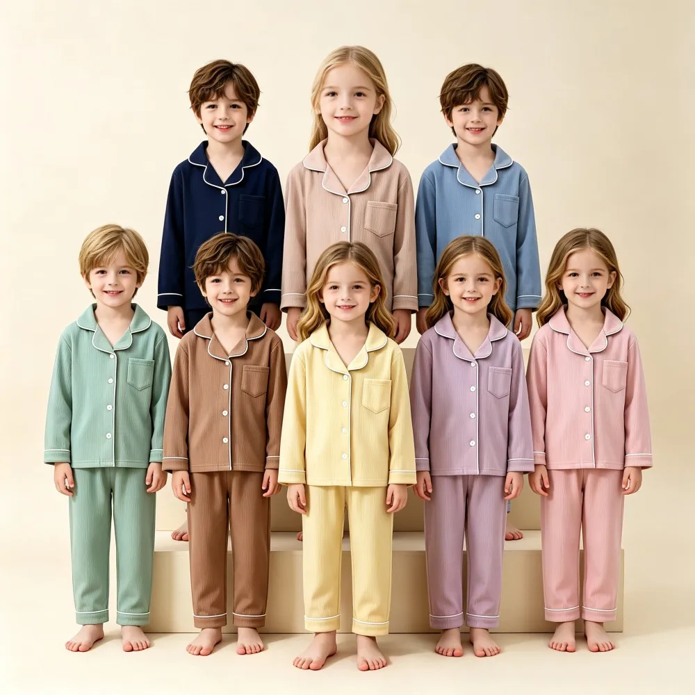 Children Lapel Collar Button Down Pajama Set Ribbed Knit Long Sleeve 2Pcs Homewear Loungewear Pyjamas for 2‑12 Years Old Kid