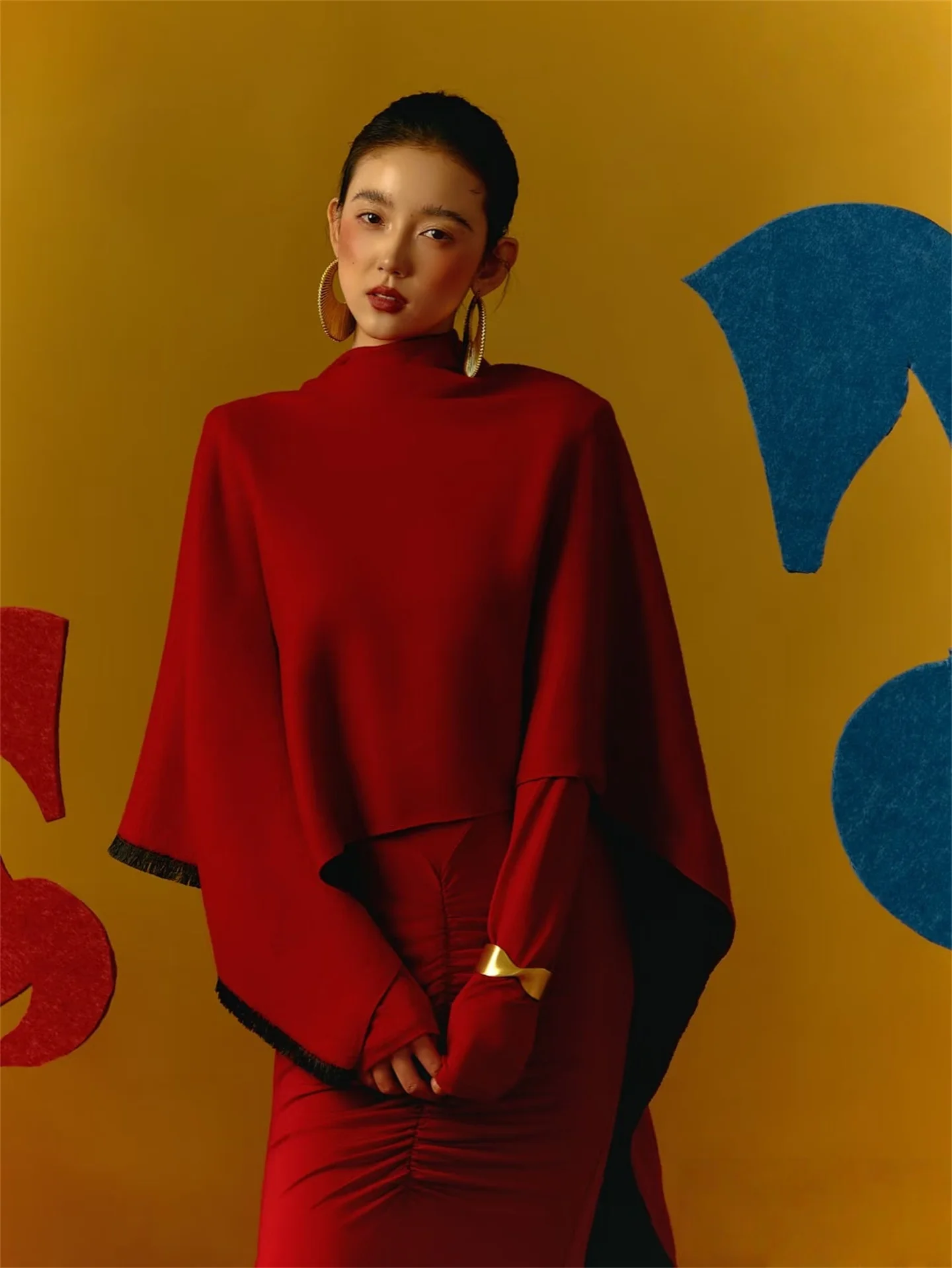 

New Year Chinese Sle Red Cowl Design Photoaphy Costume Personal Art Photo oot Stage Costume Ethnic T Top Skirt Set