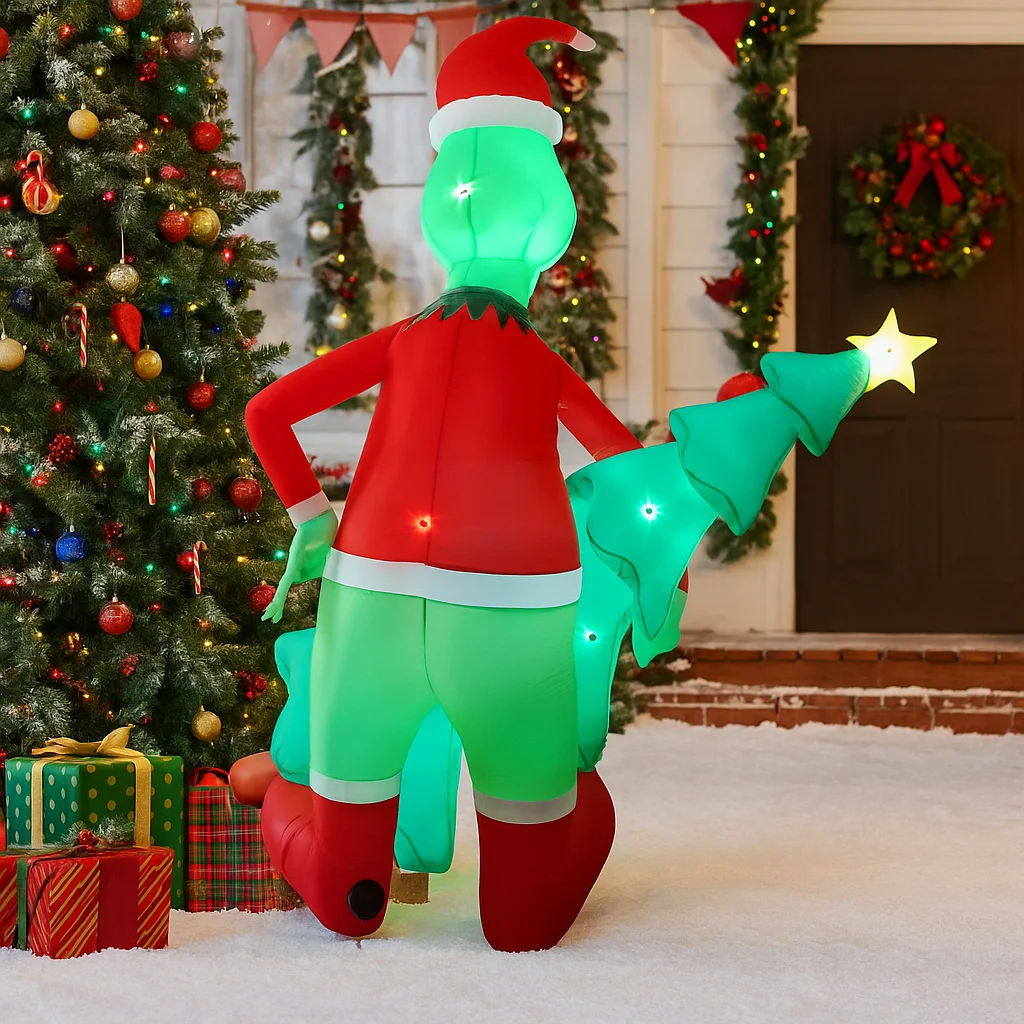 Decoraciones navideñas de 2,1 M/6,8 pies, juguete inflable Grinch con árboles de Navidad, adornos para el patio del hogar, decoración LED, juguete para fiesta de Navidad