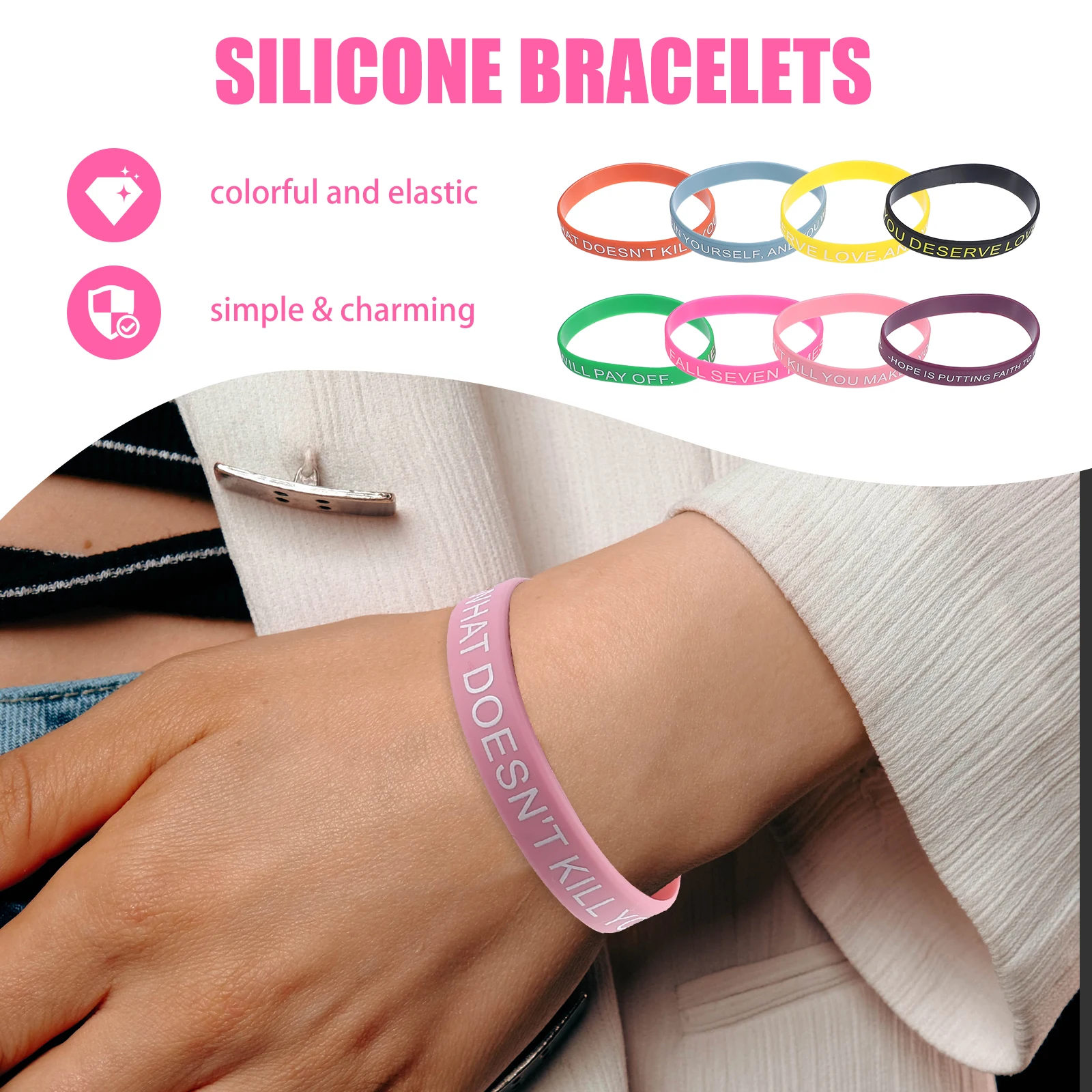 

100pcs Motivational Bracelets Inspirational Silicone Wristbands Unisex Quote Bands Elastic Fit for Men Women Kids Daily Wear