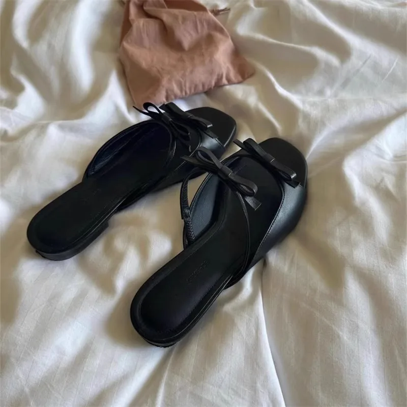 French Romantic Slippers Women Cute Bow Square Head Flats Slippers 2026 Summer Outside Wearing Cool Flip Flops Shoe Sandalias