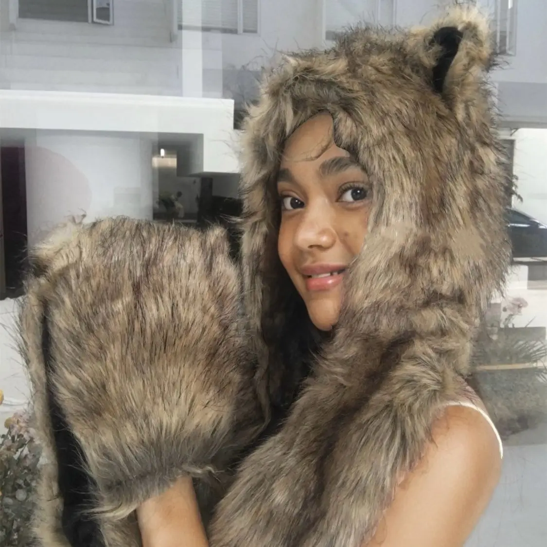 Japanese Style Cute Y2K Fox Fake Fur Plush Bear Hat Scarf Gloves Set, Winter Cozy Animal Ears Cap