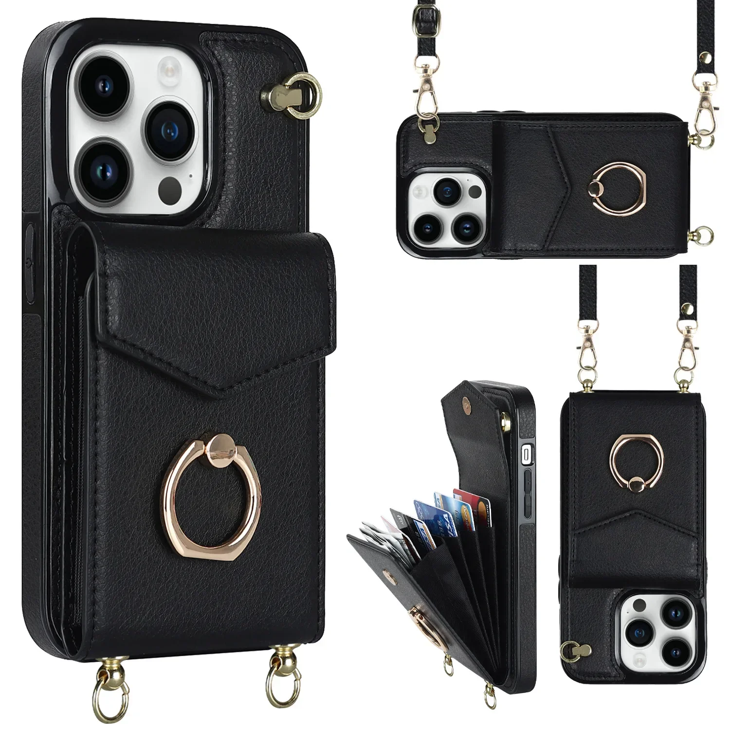 Ring Stand Crossbody Case for IPhone 14 13 12 11 Pro XS Max XR X 7 8 Plus RFID Blocking Organ Card Holder Lanyard Leather Cover