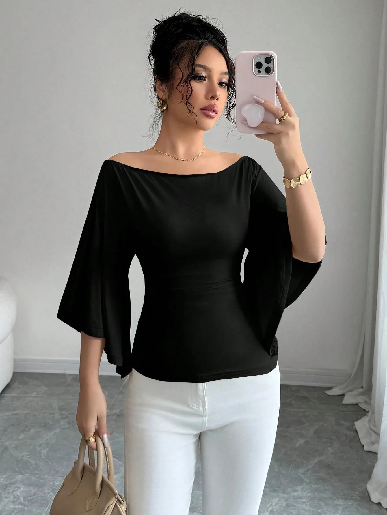 

2026 Spring New Women Elegant Vintage Off Shoulder Flared Half Sleeve Slim Waist Top