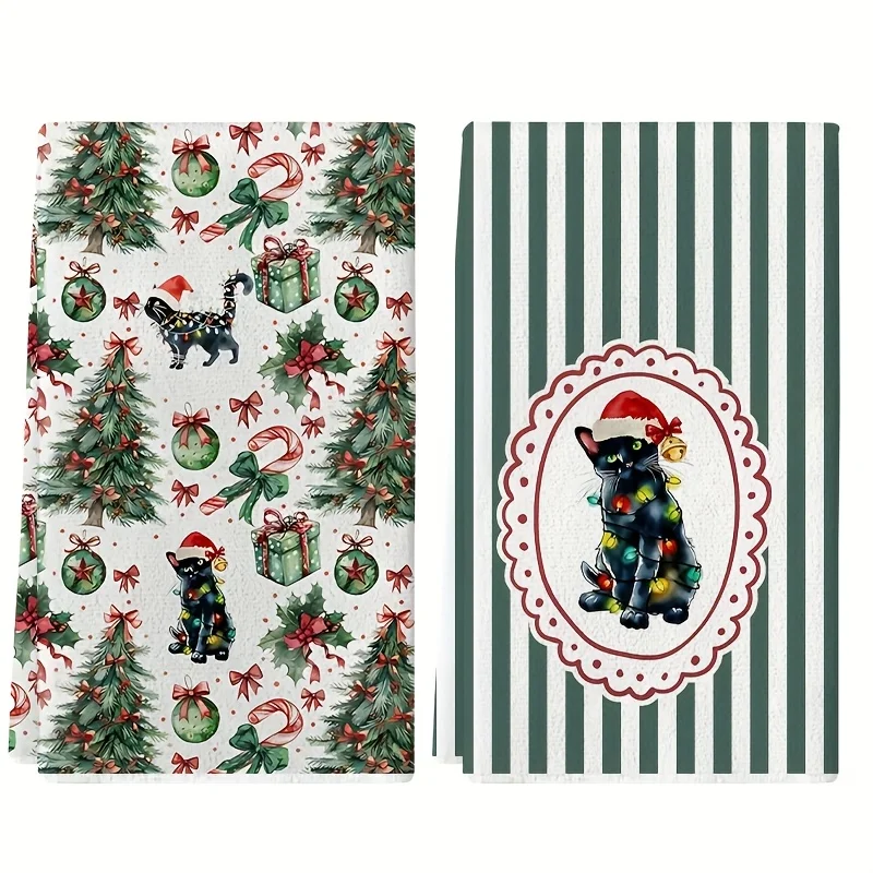 2 full Christmas tree and cat print kitchen towels, cooking and baking tea towels, dishwashing towels, scouring cloths