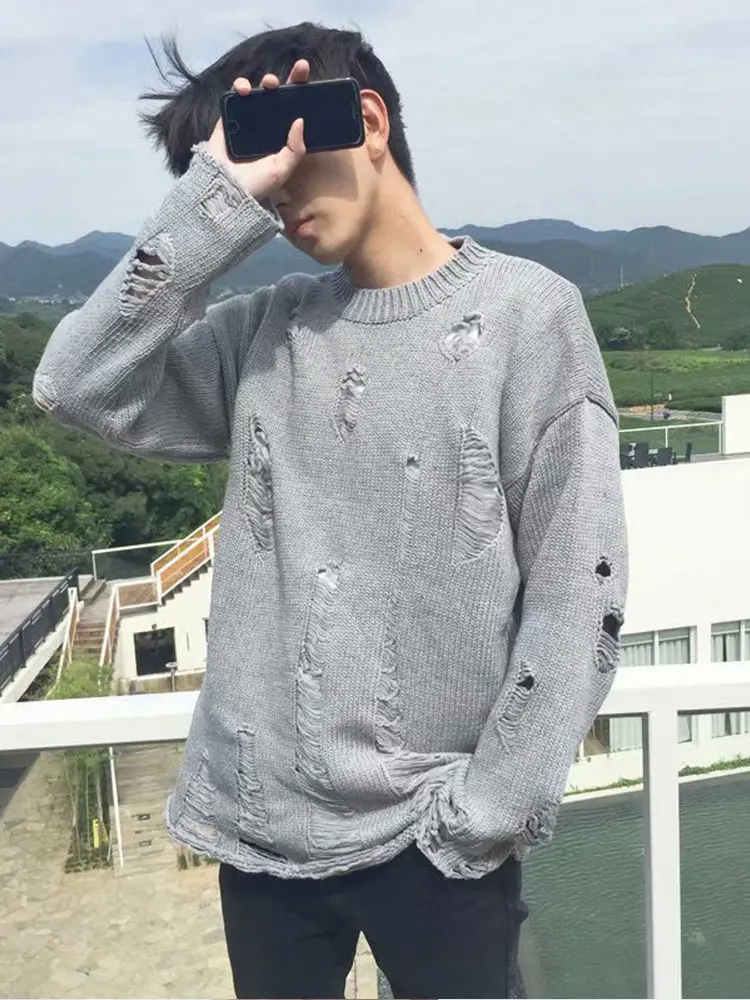 Spring Autumn Men's Ripped Hole Oversized Knitted Sweater Irregular Design Fashion Retro Long Sleeves Round Neck Loose Pullovers