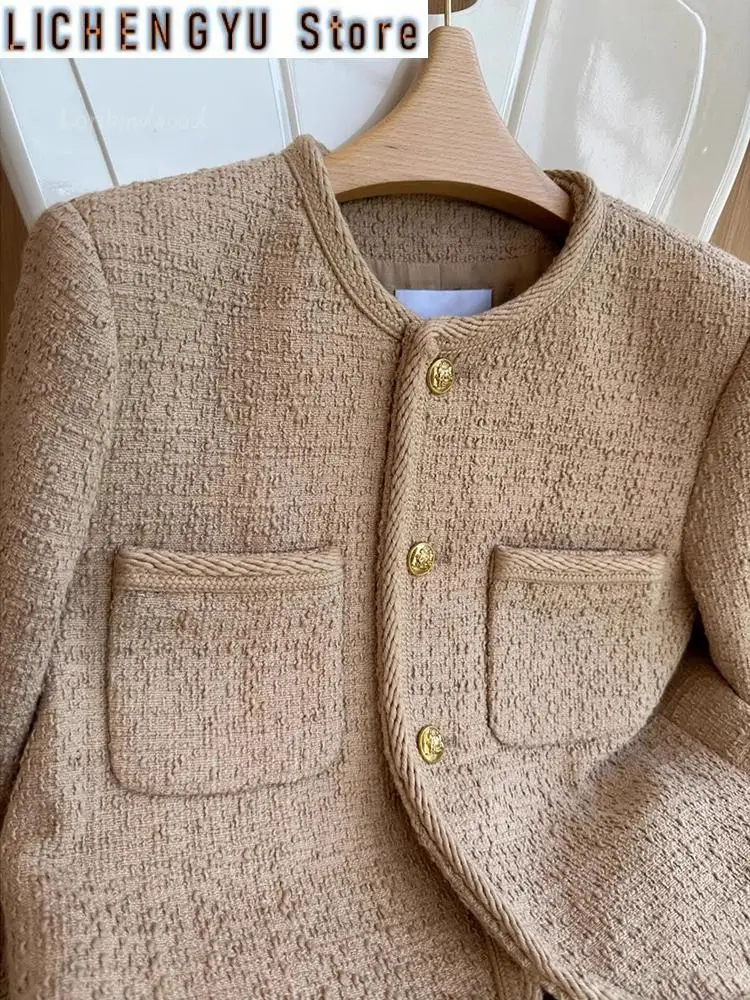 Chaqueta corta de Tweed francés para mujer, abrigo pequeño de fragancia de Color Camel, chaqueta delgada informal de moda, alta calidad, nuevo