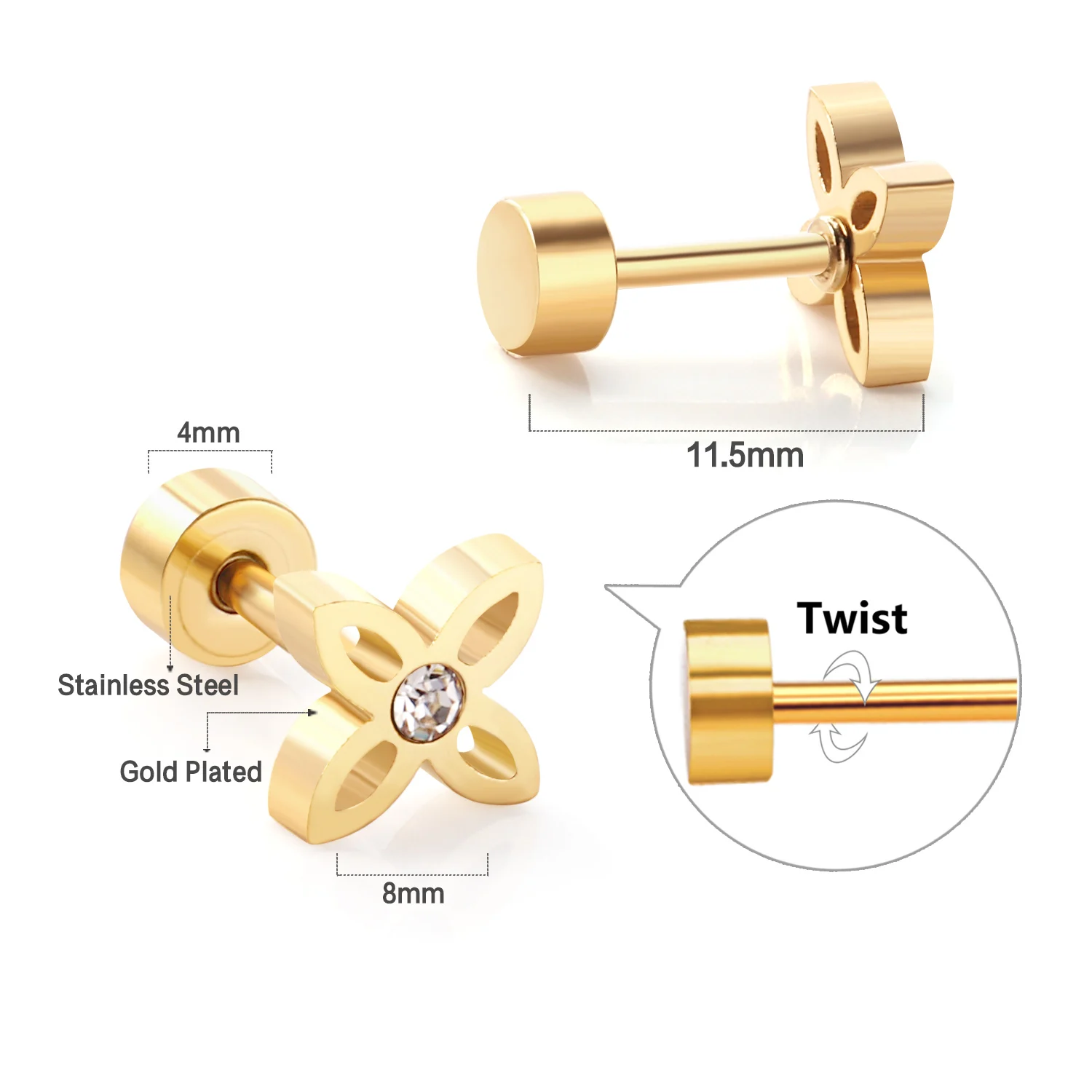 Wholesale 3 Pairs Stainless Steel Stud Earrings Hollow Flower Butterfly Rose Screw Back Ear Piercing Jewelry for Women
