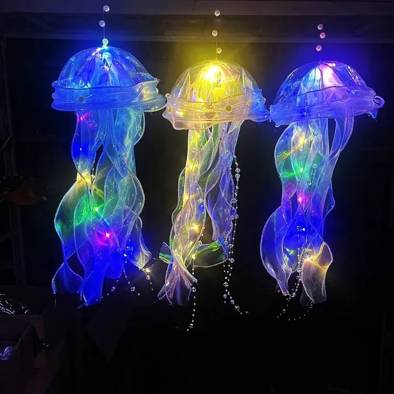 Jellyfish Atmosphere Night Light Button Battery Hanging Ceiling Lantern Creative with Ribbon&Bead for Children Bedroom