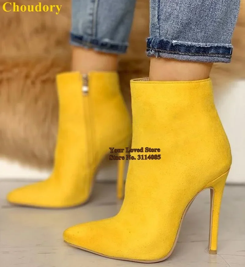 

Choudory Women Yellow Sude Ankle Boots Pointed Toe Zipper Short Booties Fall Leopard Motorcycle High Heel Boots Dress Shoes PUmp