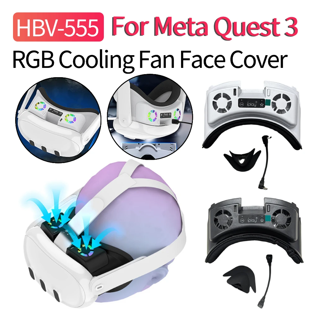 غطاء وجه مروحة التبريد مع RGB لـ Meta Quest 3 VR واجهة الوجه المبرد قناع رائع قابل لإعادة الشحن مع وسادة أنف مضادة للتسرب