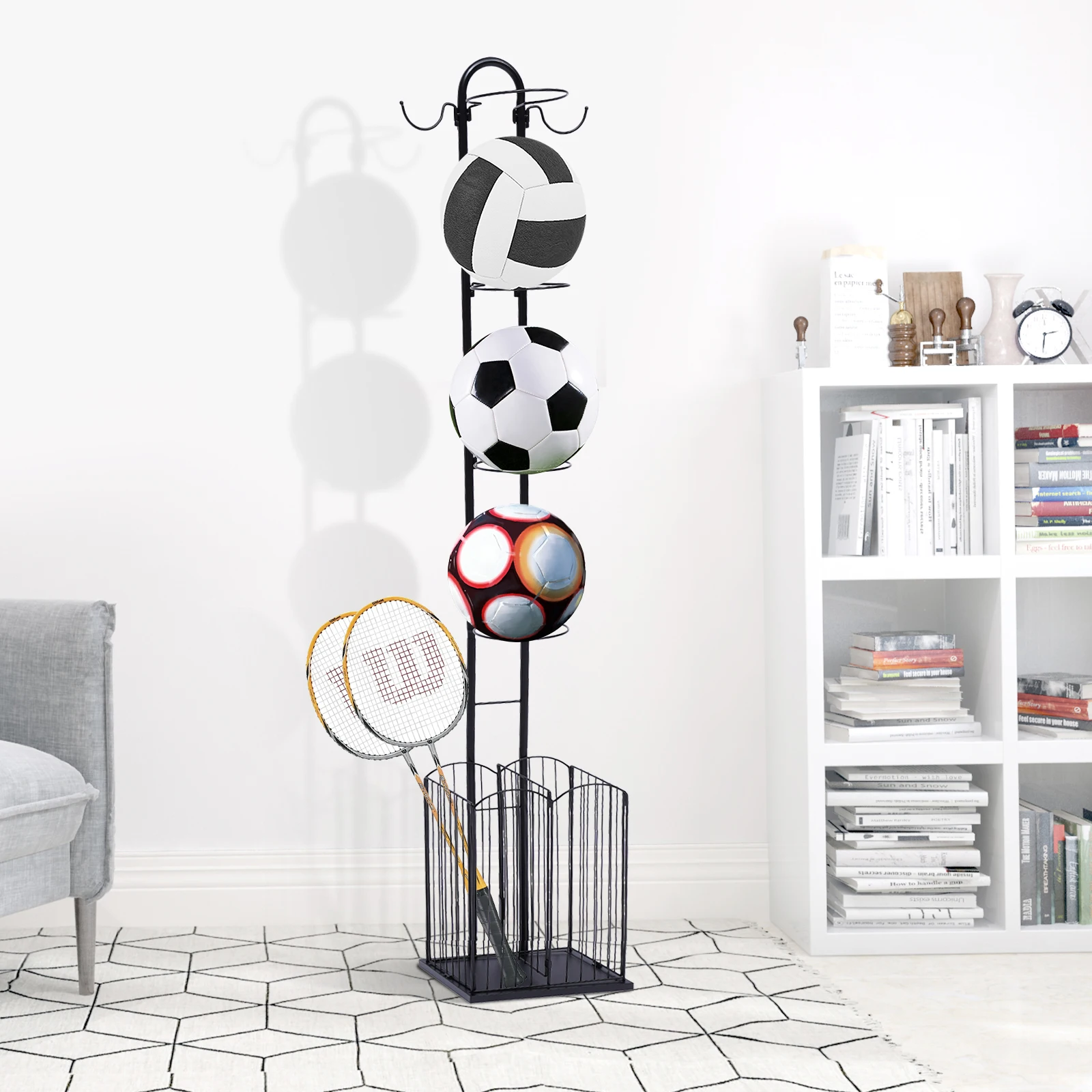 Opbergstandaard voor sportbal Grote opslagcapaciteit Ruimtebesparend Vrijstaand Gemaakt om lang ijzer Zwart