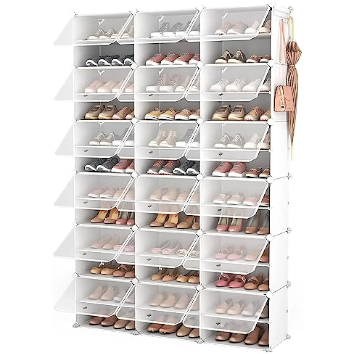 White 72-Pair Plastic Shoe Storage Cabinet with Frosted Doors • 48x12x72 Inches • Modular Cubic Design • Ventilated Interior • R