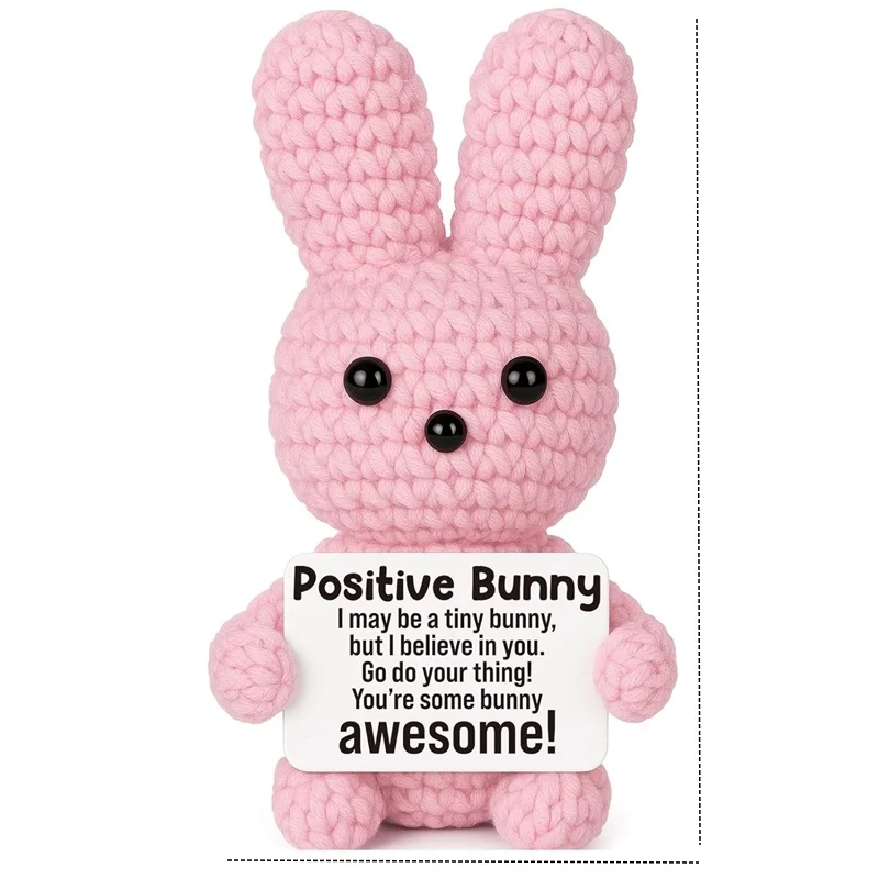 Positive Energy Pink bunny Hug Pocket Mini Handmade Plush Wool Knitting Doll With Card Funny Christams Gift Home Room Decor
