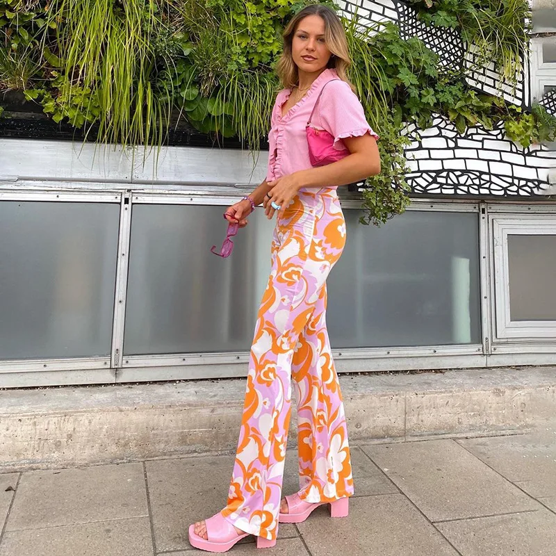 Mulheres primavera estilo moda contraste cor cintura alta hip levantar flare calças completo floral imprimir cintura alta tornozelo jeans para meninas