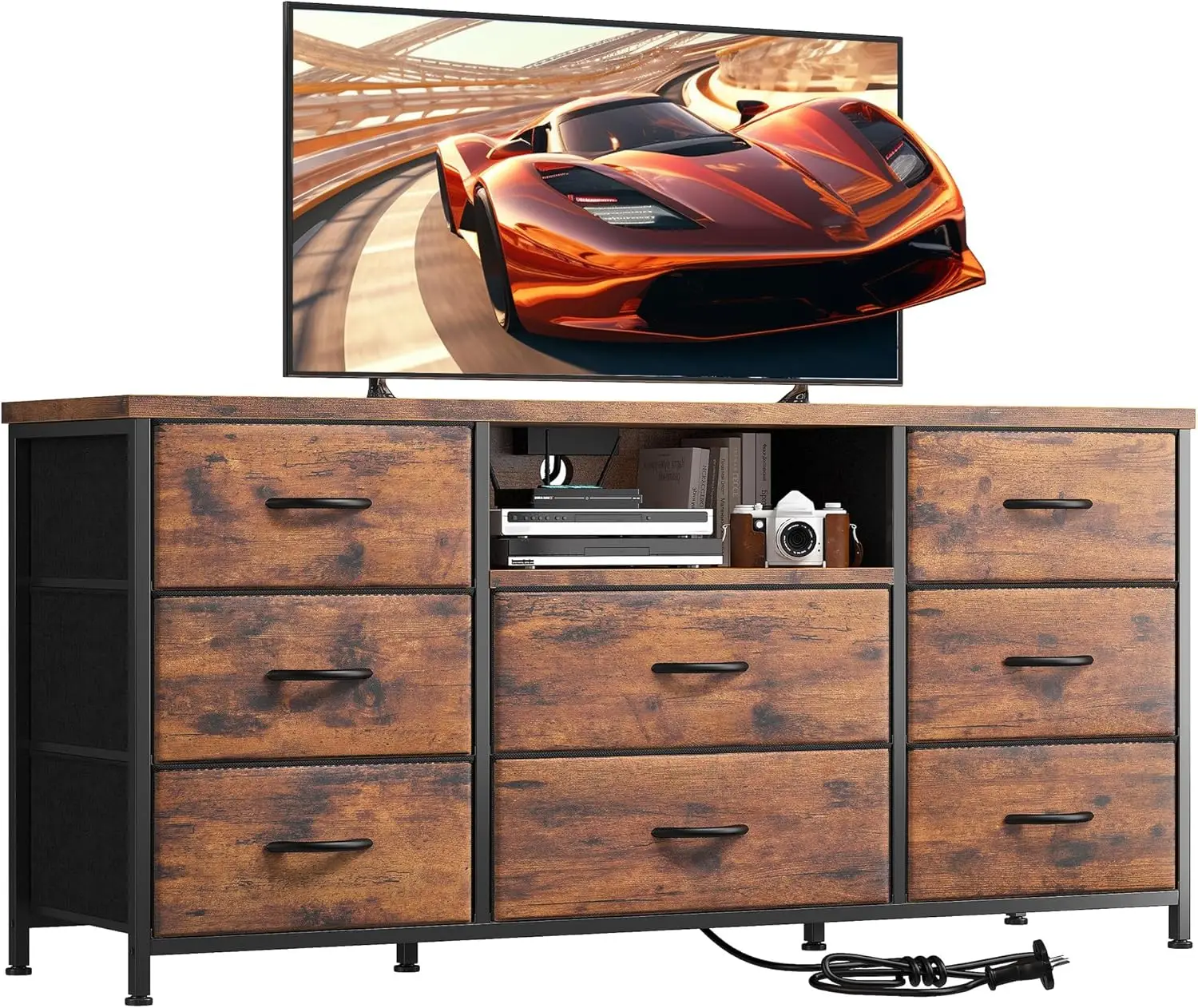 Dresser TV Stand with Power Outlet Entertainment Center with 8 Fabric Deep Drawers Media Console Table for 55