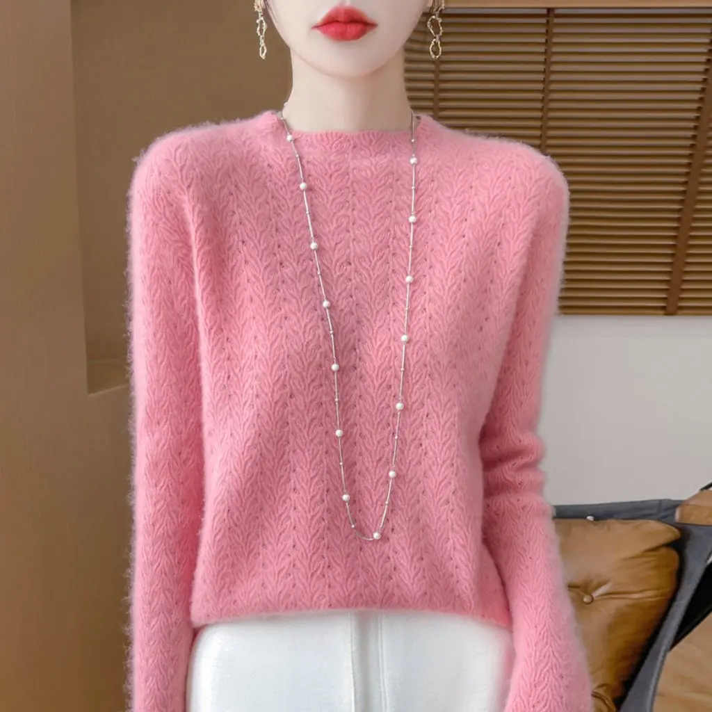 

Женский вязаный пуловер из чистой шерсти, кружевной свитер с полувысоким воротником, полый дизайн, осень-зима, новый стиль