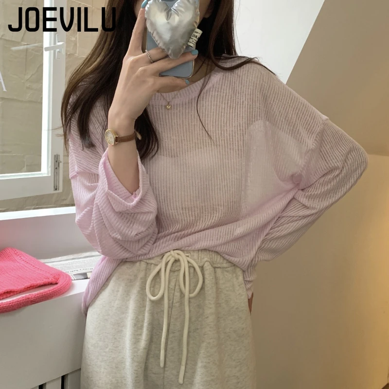 JOEVILU Women's long-sleeved sun shirt Thin girls simple loose T-shirt  Summer Slightly Transparent Bottom Shirt Niche Chic Top