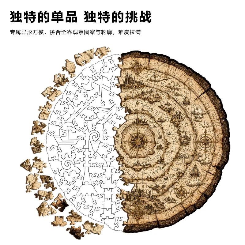 Tree Ring Irregular Wooden Jigsaw Puzzle, Vintage Nautical Map, High Difficulty Assembly Game Toy for Adults