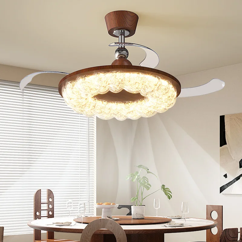 Medieval restaurant ceiling fan light Italian light luxury high sense retro walnut color bubble invisible bedroom fan light