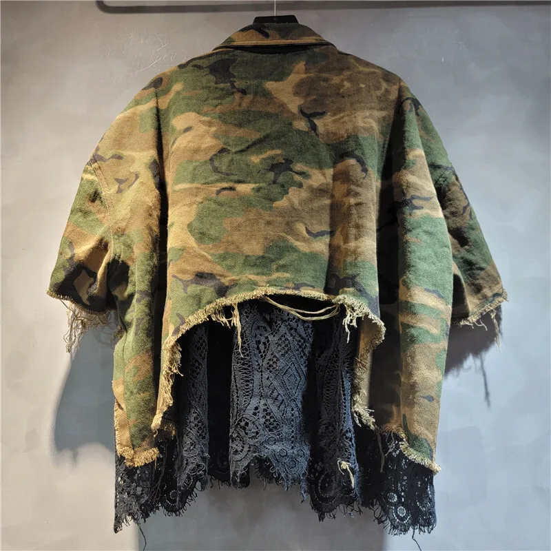 WTHT nueva moda mujer empalmado camuflaje borde rebaba camisa de manga corta cintura elástica pantalones sueltos mujer 2025 verano 1LS1685