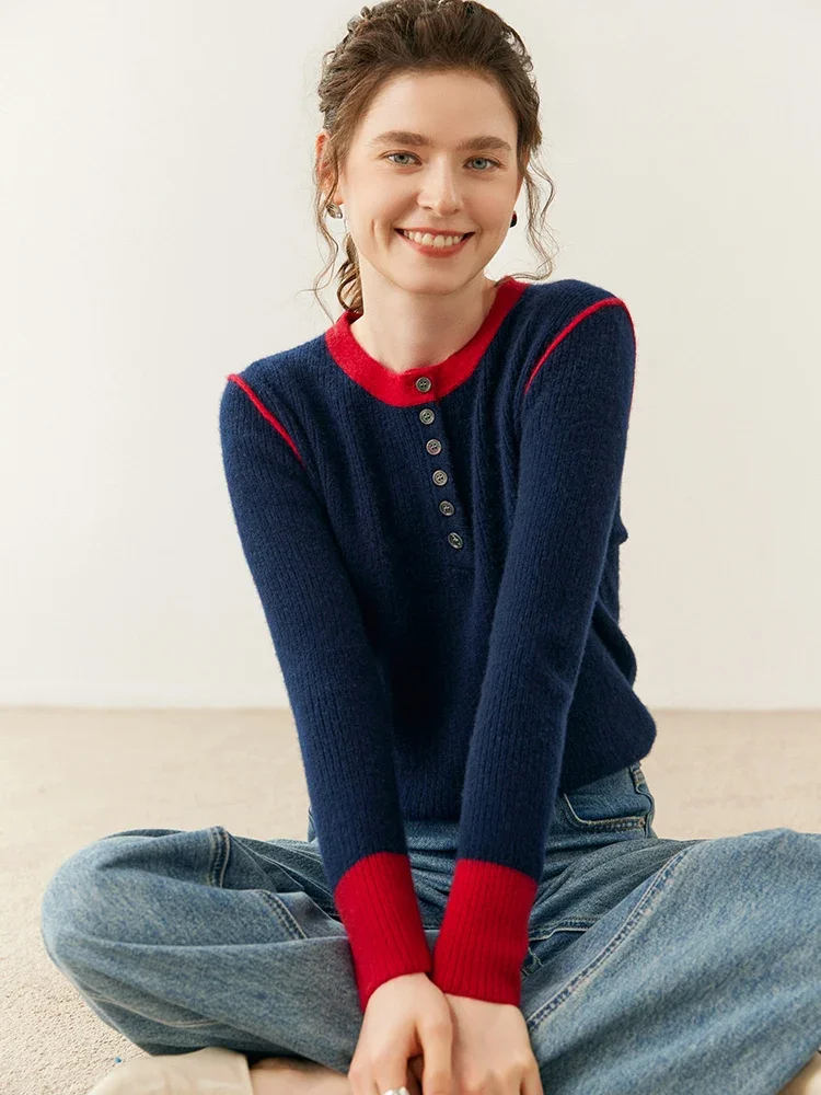 

Autumn Winter 100% Cashmere Sweater Women's O-neck Pullovers Thick Half buttoned Knitwear Long Sleeve Chic Goat Cashmere Clothes