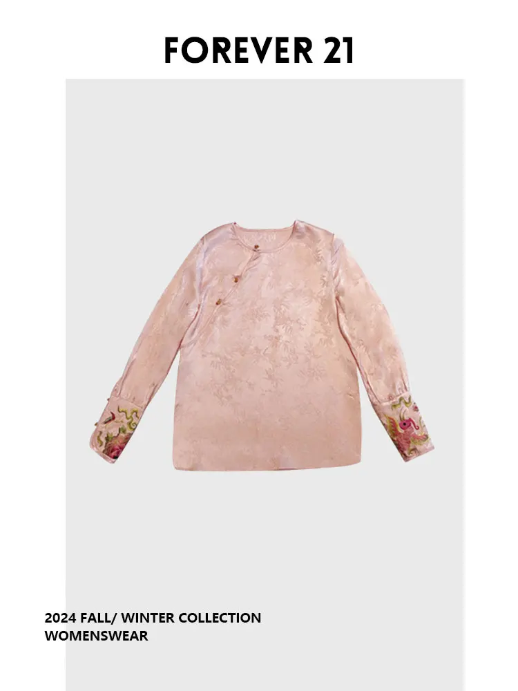 

Forever 2 Retro Chinese Sle Tri-Button Long Sve White Pink Side Buttoned Top Women's plus Size Commute Sle Autumn Wear