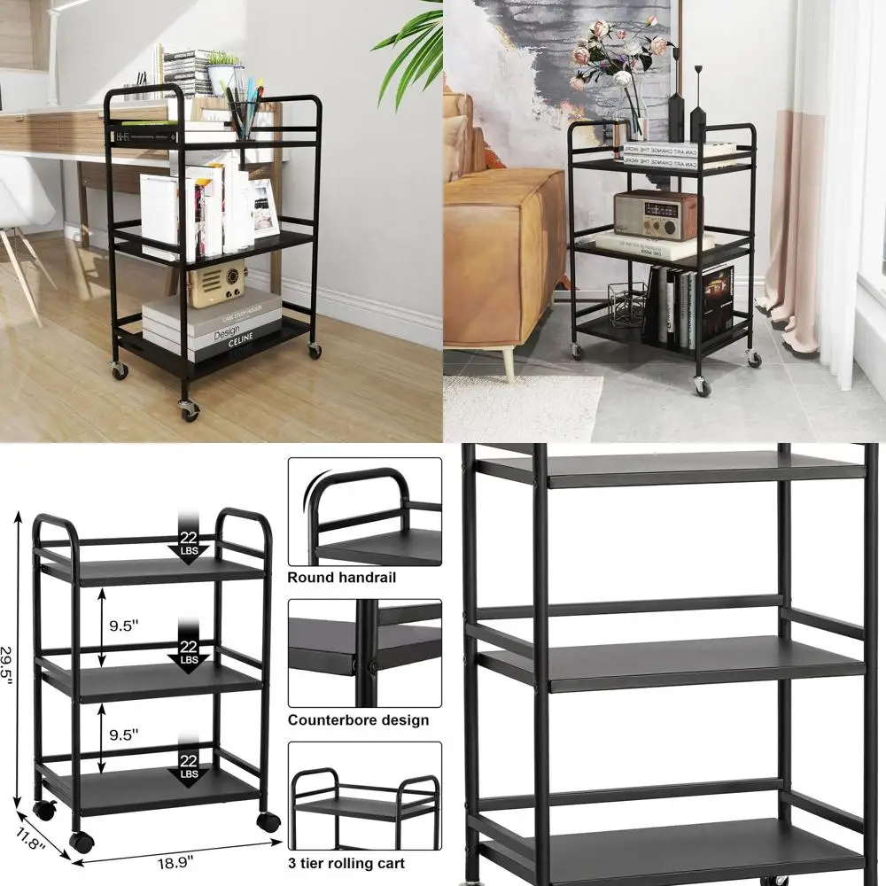 

Multi-Tier Rolling Storage Cart with Lockable Wheels for Home, Office, Kitchen, and Bathroom - Black
