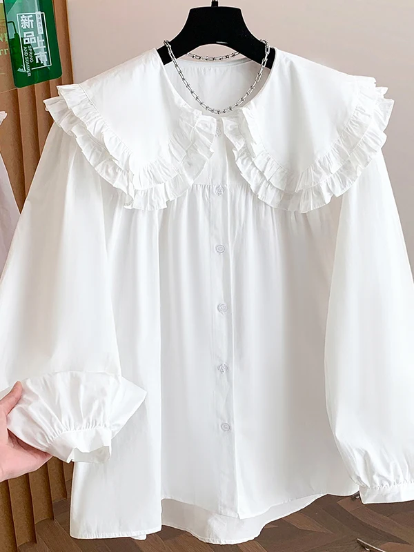 

White Long Sleeve Babydoll Collar Loose Fit Simple Style Spring Autumn Shirt Age Reduction Base Layer Doll Shirt Cotton Blend