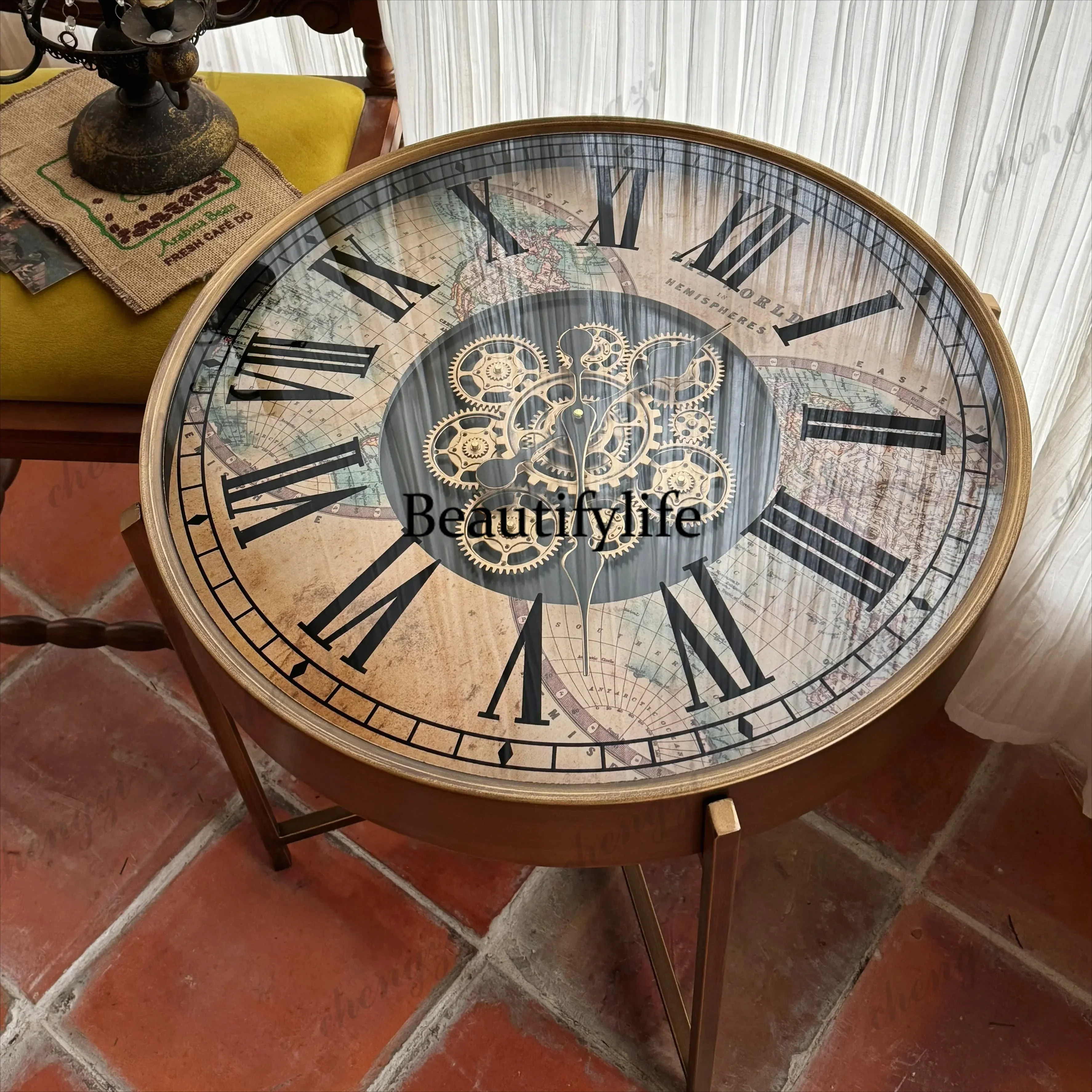 NQ52 Side table round small coffee table retro high-end sense light luxury design sense American clock gear living room sofa