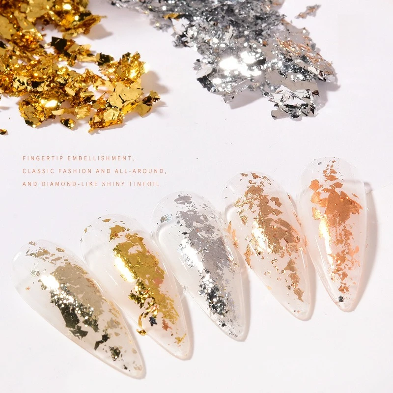 1Bottle Gold Silver Nail Art Foil Flakes,Shiny Metal Tin Foil Pieces Shell Decorations,DIY Nail Accessories for Gel Nail Polish