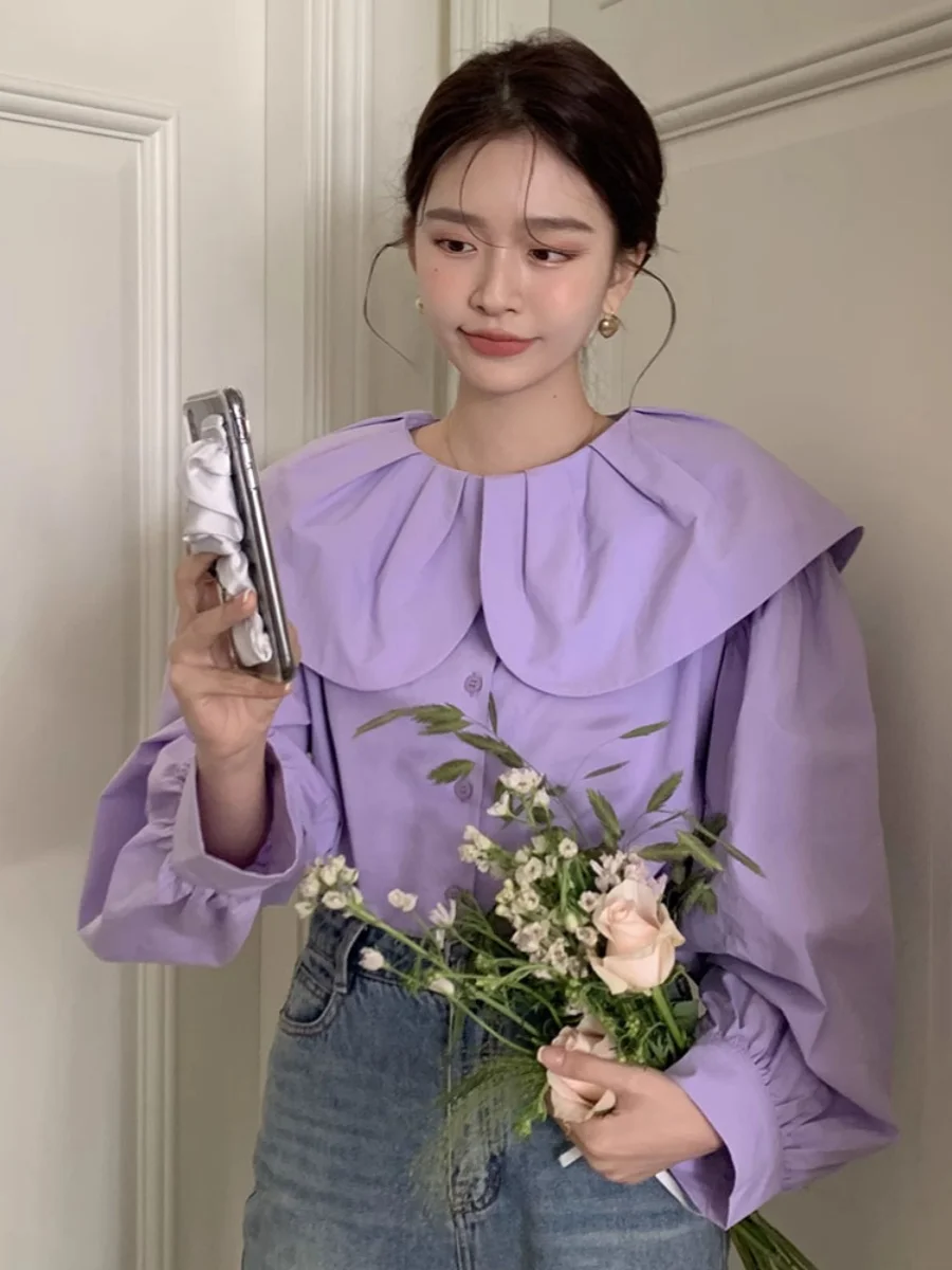 

Loose Long Sve Doll Collar Vintage Sweet Purple irt Women's Faion Spring New Sle Dongda Gate Pure Color Commute Sle