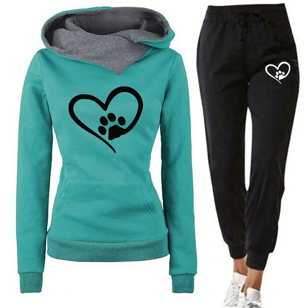 Women Sweatshirt Pants Set Heart Print Sport Outfit Women\'s Hooded Sweatshirt Jogger Pants Set for Autumn Winter Fitness