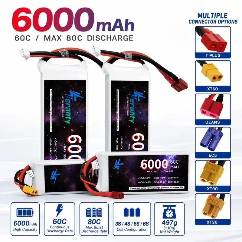 [NEW]  for 7.4V 6000mAh 60C Rechargeable LiPo Battery High Rate Large Capacity for Drone RC Model Aircraft Car Boat Ship Power